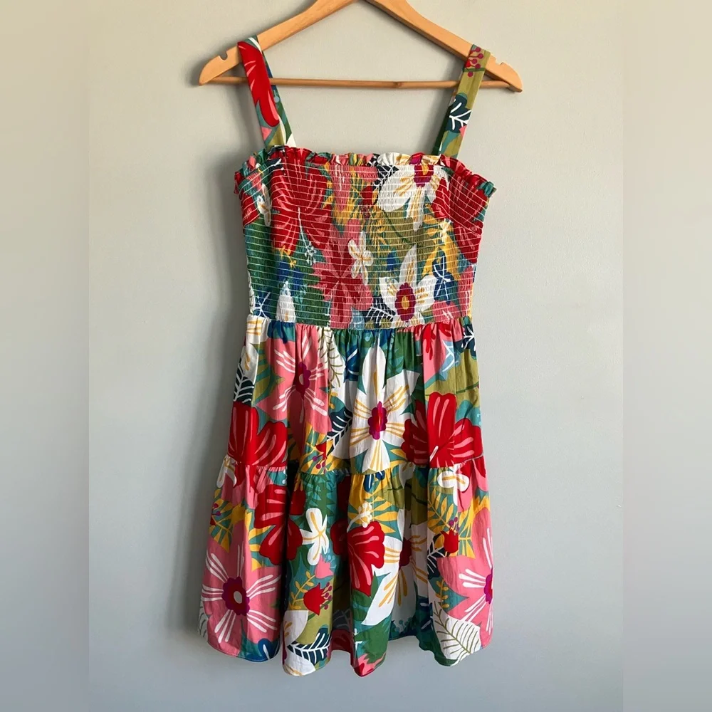 SUGAR + LIPS Colorful Floral Smocked Tiered Cotton Mini Dress Size M (Like a S) - Picture 2 of 11